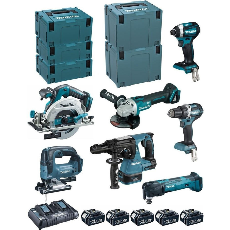 Makita DLX7014PTJ Maschinen-Set: DDF484, DTD154, DGA506, DHS680, DHR243, DTM51, DJV182