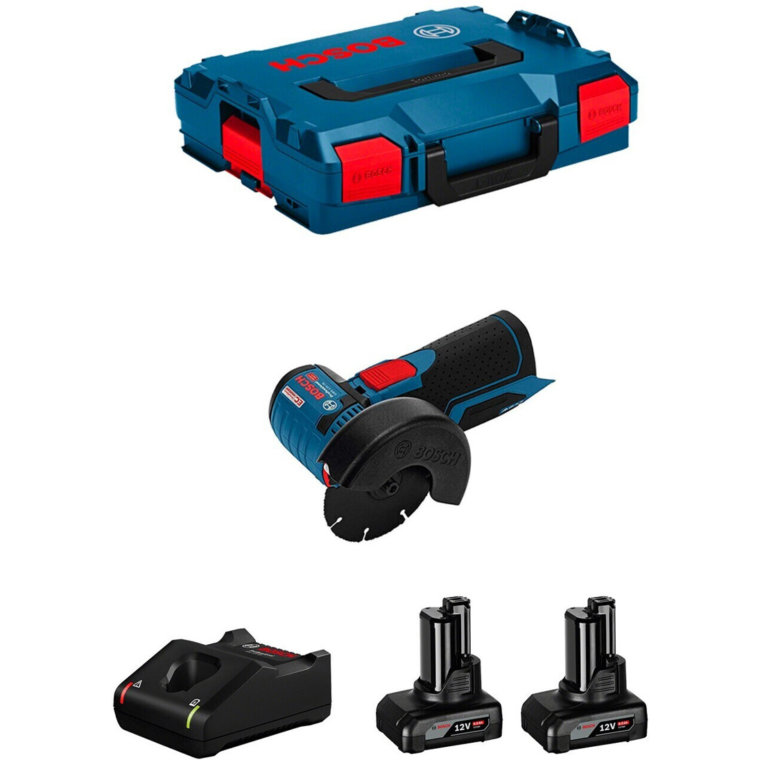 Bosch GWS 12V-76 Professional Winkelschleifer Set | 2x 6,0 Ah Akkus + GAL12V-40 Charger + L-Boxx