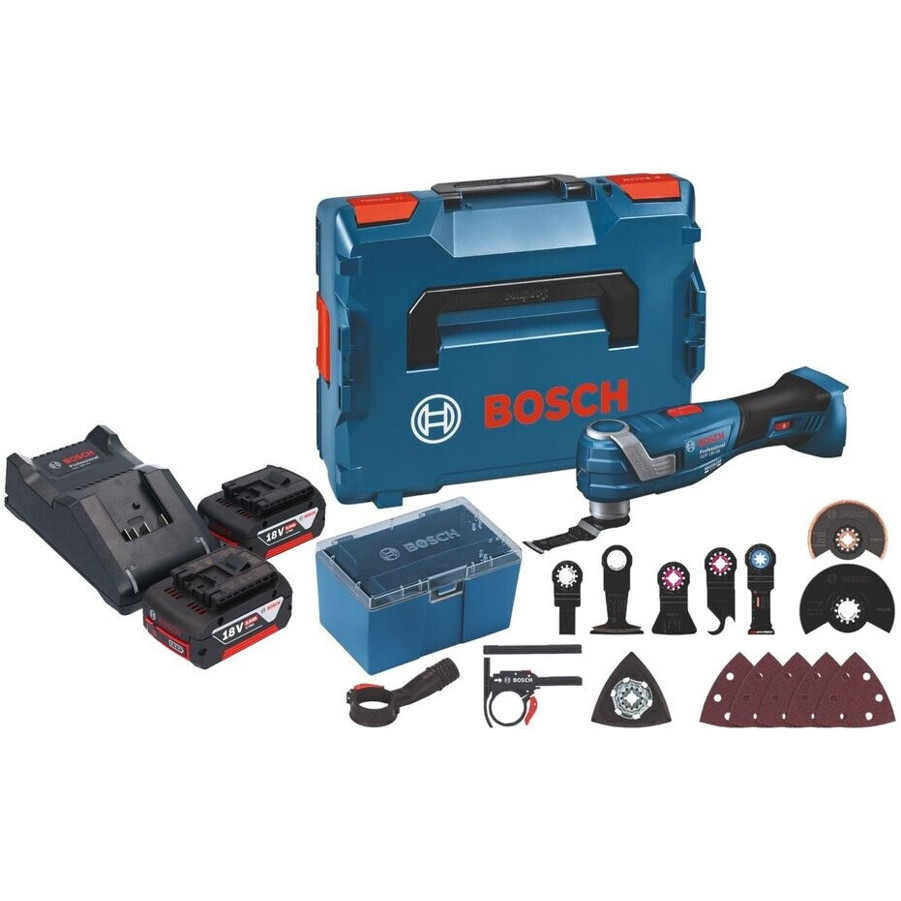 Bosch GOP 18V-34 Multifunktionswerkzeug Set - 2x 5,0 Ah Akkus, Ladegerät, 17 Zubehörteile & L-Boxx