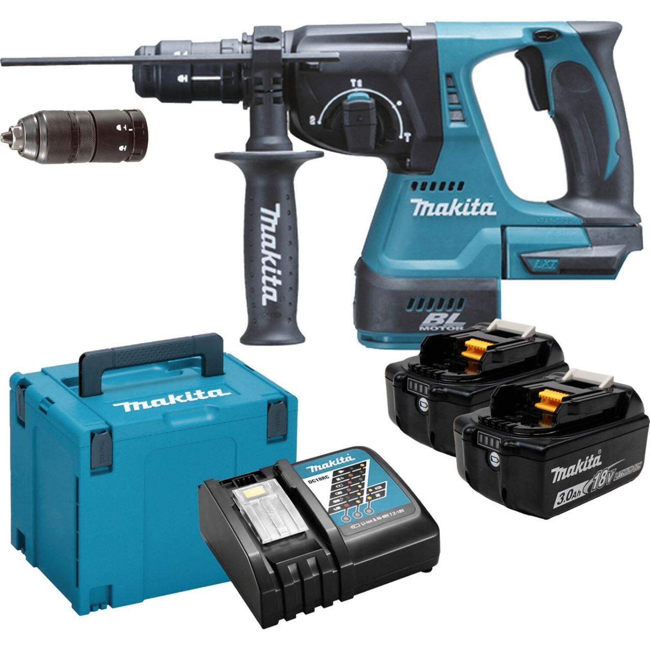 Makita DHR243RFJ Akku-Bohrhammer Set (2 x 3,0 Ah Akkus + Ladegerät) im Makpac