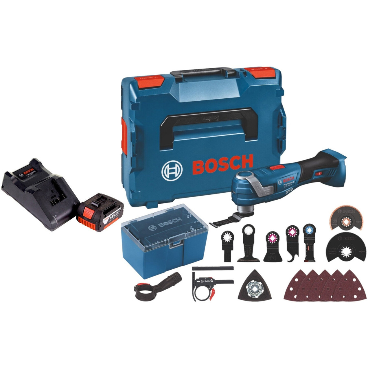 Bosch GOP 18V-34 Multifunktionswerkzeug Set mit 3,0 Ah Akku, Ladegerät, Zubehör und L-Boxx
