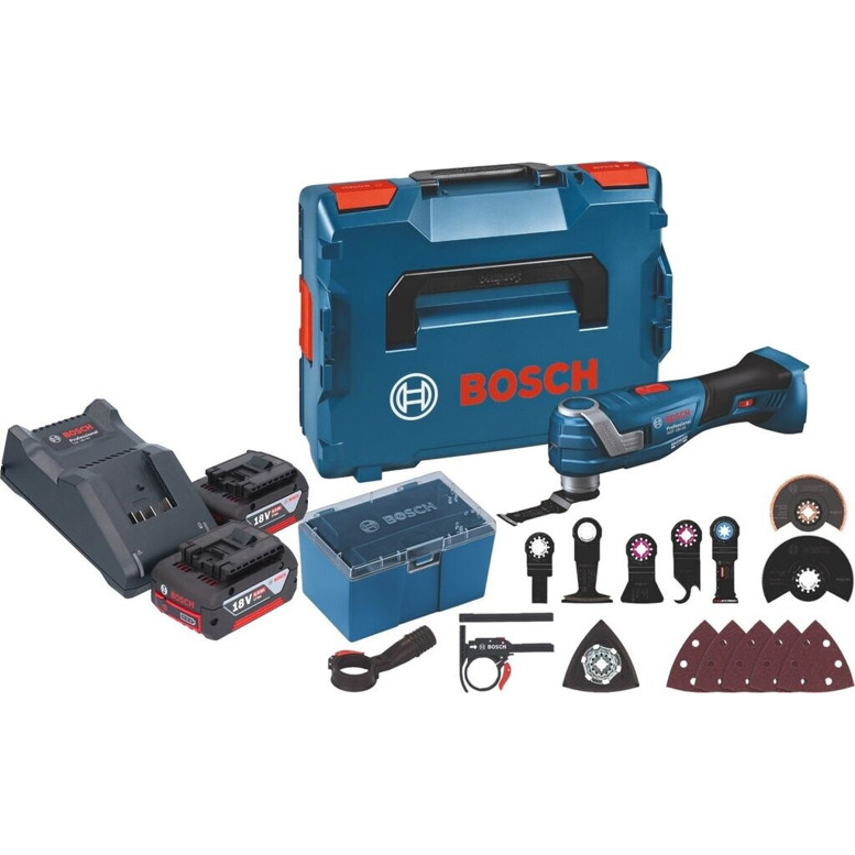 Bosch GOP 18V-34 Multifunktionswerkzeug-Set mit 2x 4,0 Ah Akkus, Ladegerät, L-Boxx und 17-teiligem Zubehör