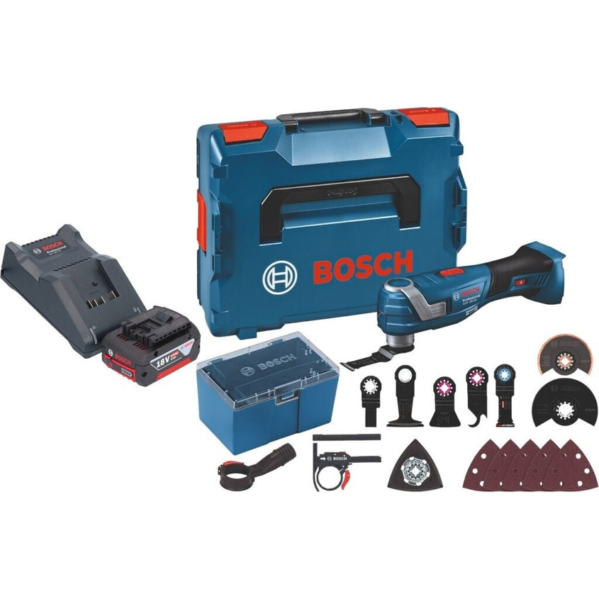 Bosch GOP 18V-34 Multi-Tool Kit - 4.0 Ah Battery, Charger, L-Boxx & 17-Piece Accessory Set